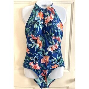 Liz Claiborne Blue Tropical Floral One-Piece Swimsuit Bathing Suit Women's 16